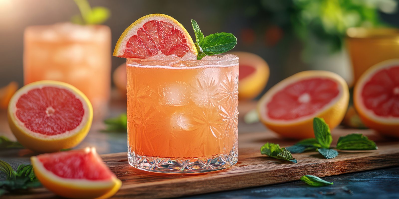 Refreshing citrus cocktail with grapefruit and mint served on a wooden table with fresh fruit slices nearby